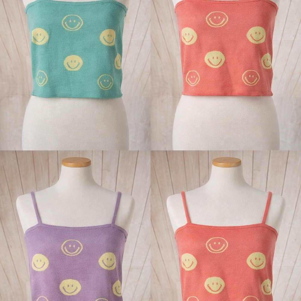 Smiley Faces Print Crop Top - Teal and Yellow